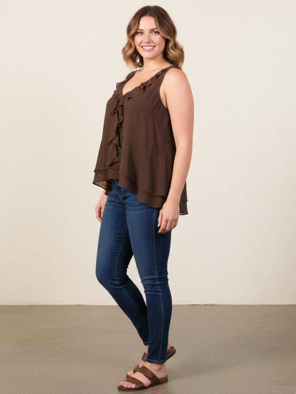 Parker Ruffle Tank Top NWT Brown XL  Sleeveless Blouse Flawed